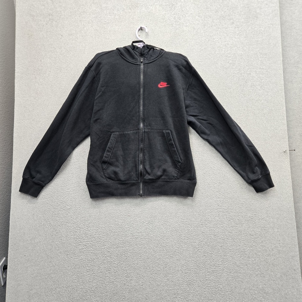 Nike Men Hoodie M Black Swoosh Logo Spellout Embroidered Fleece Full Zip Active